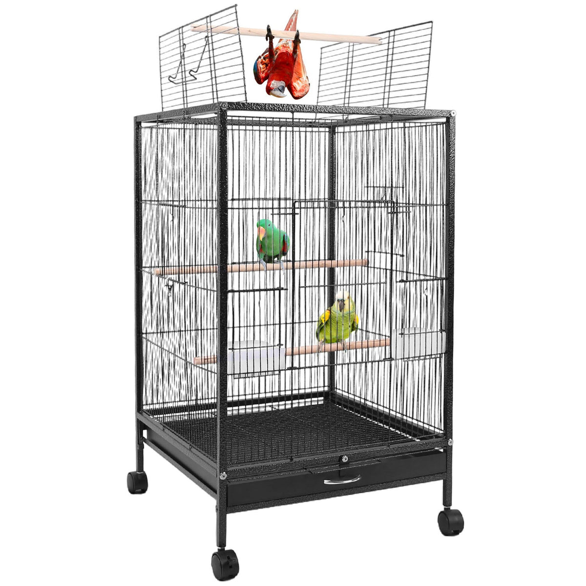 Wide Top Bird Cage With Rolling Stand Bottom Tray Wrought Iron For Parrot Conure Lovebird Cockatiel Parakeets